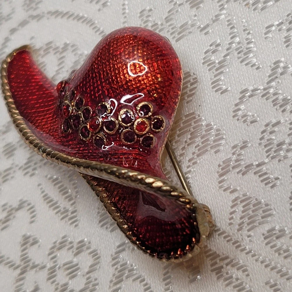 Vintage Gold Ruby Red Hat‎ Society Brooch Enamel Floral Pendant Gift